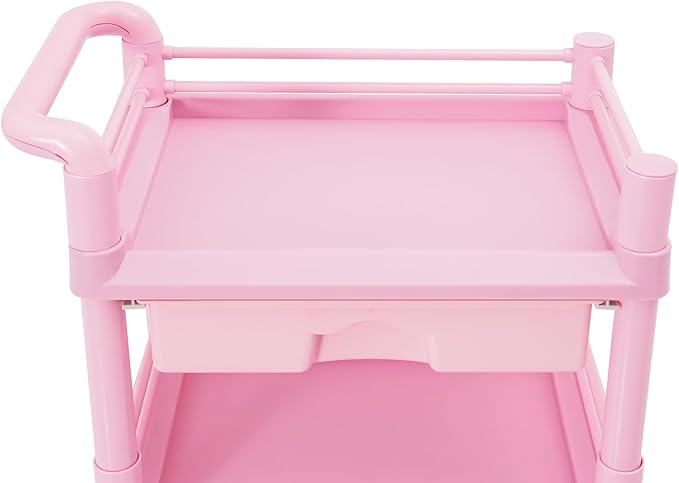Salon Storage Cart, 3 Tier Rolling Beauty Organizer with 2 Garbage Baskets & 1 Drawer, 80kg/176.37lbs Capacity, Movable Storage Trolley for Beauty Salon SPA (Pink)
