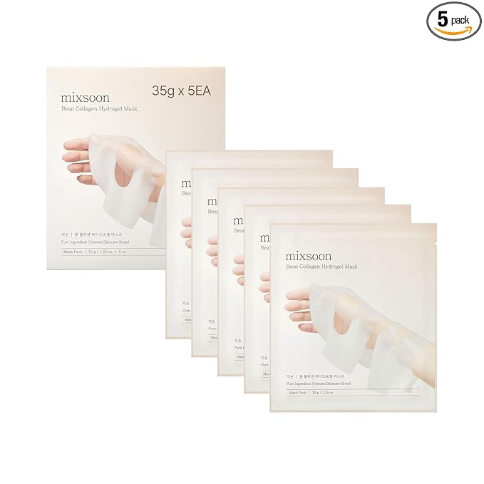 mixsoon Bean Collagen Hydrogel Mask Hydration All-In-One Firming, Soothing Gel Formula Face Mask for Radiant, Smooth Skin Stocking Stuffers 35g / 1.18 fl.oz. (5ea) Korean Glass Skin Care