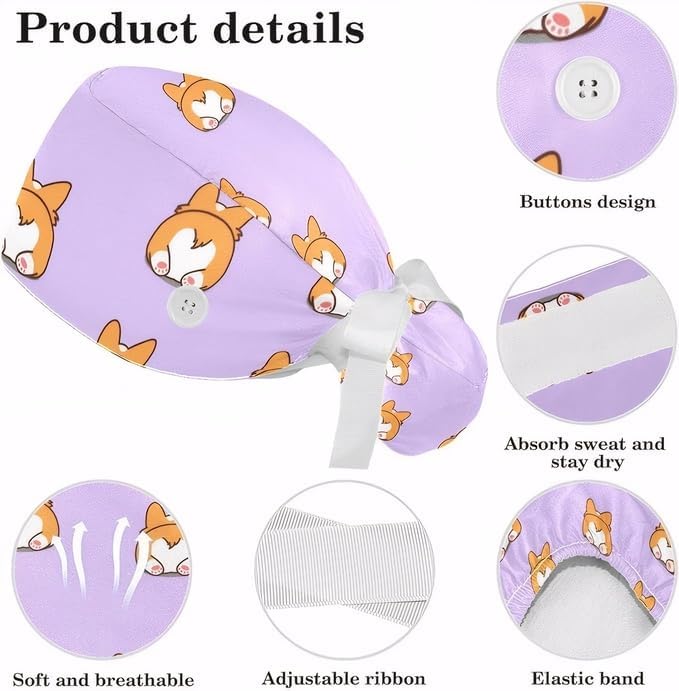 Adjustable Brown Dachshund Dog Blue Surgical Scrub Cap with Button,Sweatband for Women with Bow Hair Scrunchy