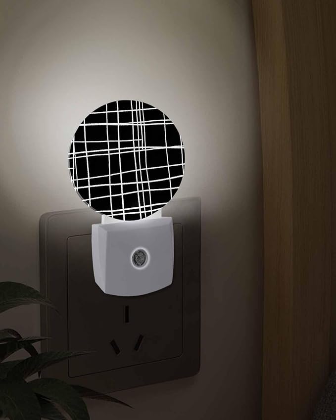 Night Lights Auto Sensor Black Checked Plaid Night Light Minimalist Grid Lines Round Lamp Plug-in LED Nightlights Dusk to Dawn for Living Room Bedroom Bathroom Hallway Wall Decor