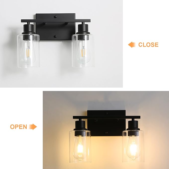 Bathroom Vanity Light Fixtures, 2-Light Matte Black Bathroom Lights, Wall Sconces with Clear Glass Shade for Hallway Farmhouse Bedroom Living Room