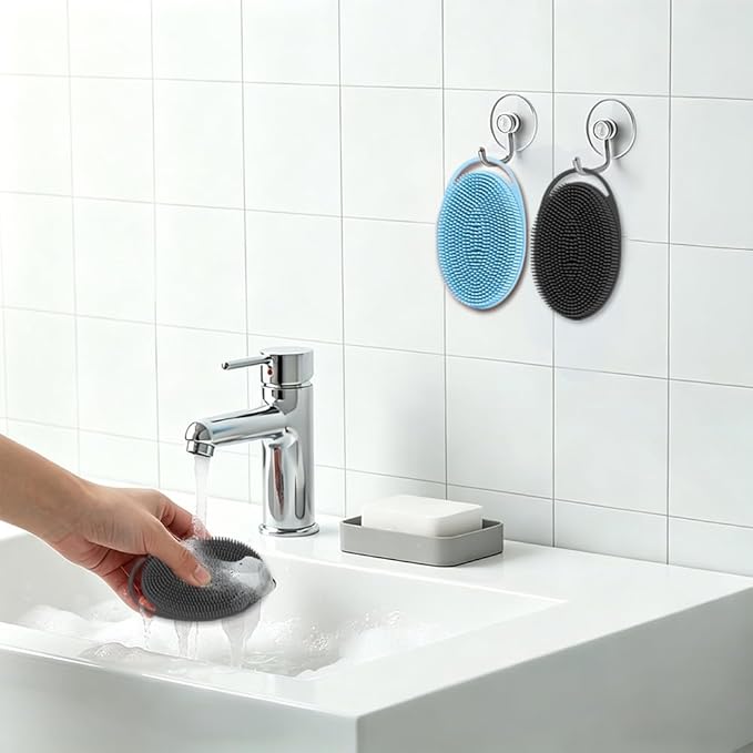 Silicone Body Scrubber 2 Pack Silicone Loofah Exfoliating Body Scrubber Soft Silicone Shower Brush with Handle Double Sided Bath Body Brush for Women Men Cleaning Massage Sensitive Skin, (Blue, Black)