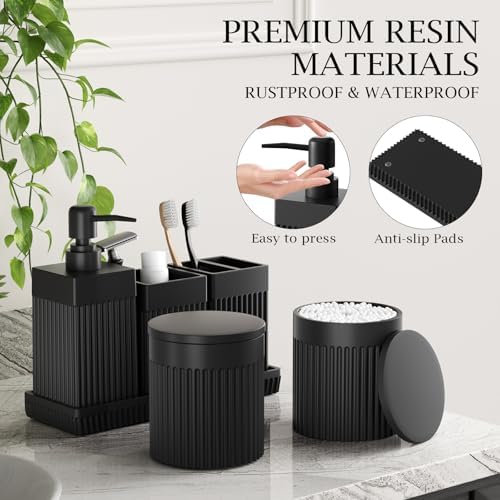 6-Piece Black Bathroom Set - Sleek Resin Organizer with Soap Dispenser, Toothbrush Holder, Vanity Tray, Tumbler & Apothecary Jars for Small Spaces - Image 4