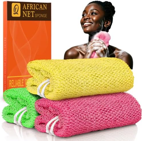 UJFQBH African Net Sponge Authentic 3 Pack, the Gentle Exfoliating Body Scrubber that Unclogs Pores, Reaches Your Back, Dries Fast, and Leaves Skin Smooth Day After Day（Magenta, yellow, emerald green） by BuyNow