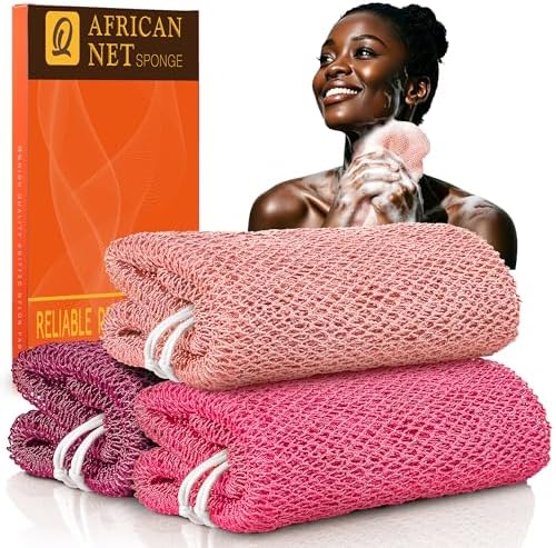 UJFQBH African Net Sponge Authenti, Exfoliating Body Scrubber for Back and Hard to Reach Areas, Gentle Daily Exfoliation for Deep Cleansing, Quick Drying Shower Essential, Berry Pink 3 Pack by BuyNow