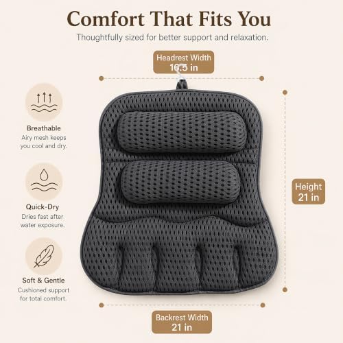 Luxury Bath Pillow for Tub, with 10 Strong Suction Cups, Non-Slip Bathtub Pillow for Head Neck & Back Support, Extra Large 21” Spa Bath Pillow, 4D Air Mesh Quick-Dry, Gift for Women(Grey) - Image 3