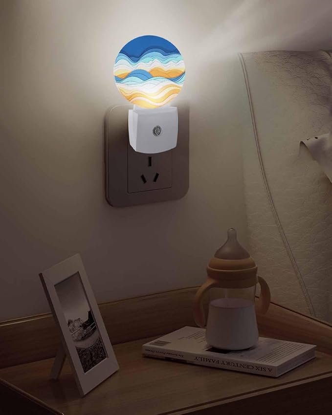 Night Lights Auto Sensor Ombre Orange Blue Night Light Abstract Mountain Waves Lines Round Lamp Plug-in LED Nightlights Dusk to Dawn for Living Room Bedroom Bathroom Hallway Wall Decor