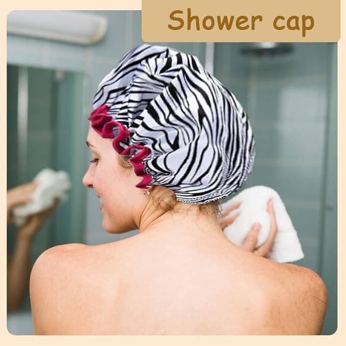 Vintage Zebra Print Shower Cap for Women Reusable Waterproof Large Adjustable Cute Shower Caps for Women Washable Elastic Womens Big Bathing Cap for Long Short Hair Zebra Print Bath Caps for Washing