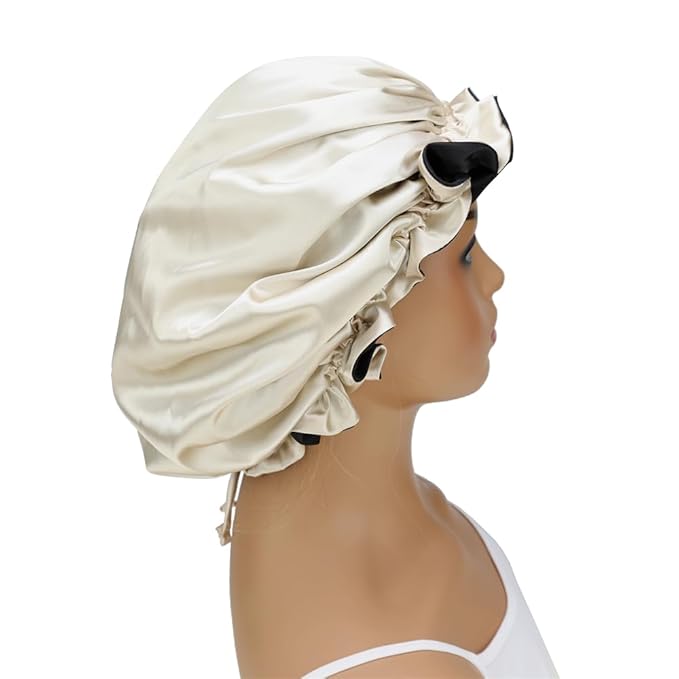 Adjustable Silk Satin Bonnet Hair Care Caps for Women Girls Loose-fitting Reversible Sleeping Cap Shower Caps Hair Wrap Bonnets (004 Black/Beige)