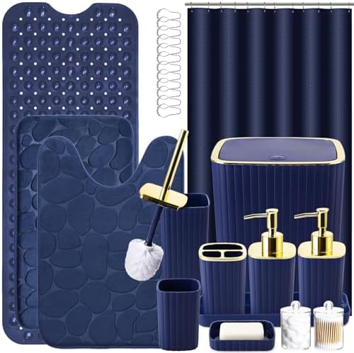 XLHOMO 26PC Bathroom Accessories Set - Gorgeous Blue Bathroom Set, Bathroom Accessory Set, Navy Blue Shower Curtain Set with Bathtub Mats for Shower Tub by BetterbathroomwithXLHOME