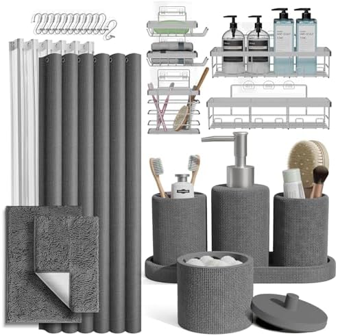 Clara Clark Grey Bathroom Set - Bathroom Sets with Shower Curtain and Rugs, 26PC Bathroom Accessory Set, Shower Curtain Set with Adhesive Corner Shower Caddy Hanging & Soap Dispenser by ClaraClark