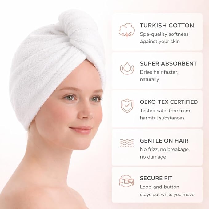 100% Turkish Cotton Hair Towel Wrap 2 Pack – Oeko-TEX Certified Quick Dry Turban for Wet Hair – Soft, Absorbent, Gentle on Curly & Long Hair – 10x26 Inch