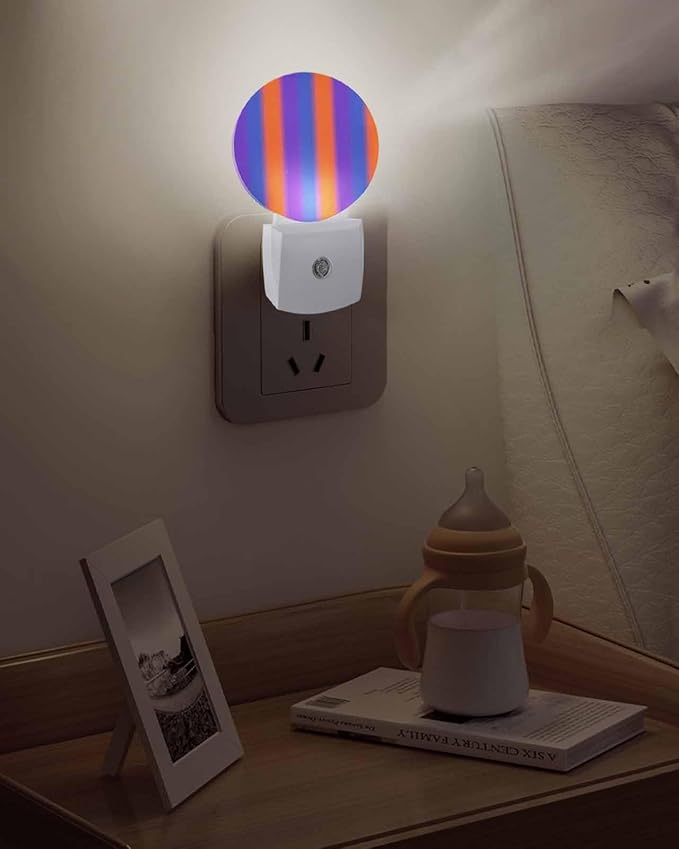 Night Lights Auto Sensor Purple Orange Night Light Gradient Color Stripe Round Lamp Plug-in LED Nightlights Dusk to Dawn for Living Room Bedroom Bathroom Hallway Wall Decor