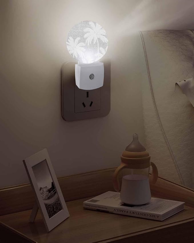 Night Lights Auto Sensor Tropical Palm Trees Night Light Grey Linen Coastal Round Lamp Plug-in LED Nightlights Dusk to Dawn for Living Room Bedroom Bathroom Hallway Wall Decor