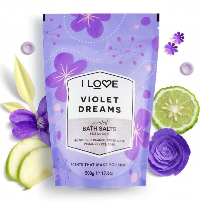 I LOVE Violet Dreams Bath Salts - Calming Bath Soak with Violet and Rose Fragrance - Relaxing Bath Salts for Sleep - Skin-Softening Formula - 17.6 oz