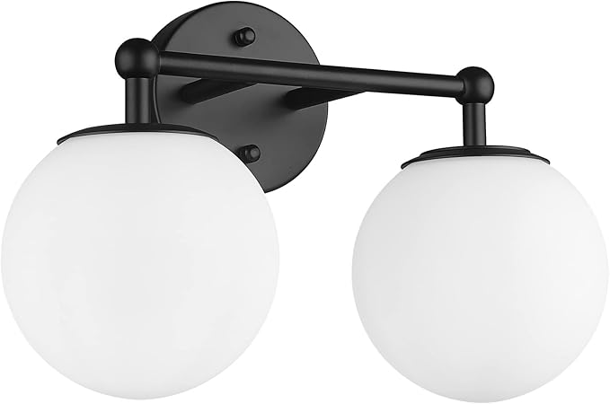AKEZON 2-Light Black Bathroom Vanity Light Fixture, Modern Minimalist Vanity Lights with Milky White Glass Globe Shade, Wall Sconce Over Mirror Lighting for Bathroom Dressing Table Bedroom Living Room