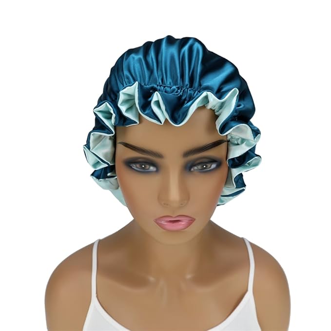 Adjustable Silk Satin Bonnet Hair Care Caps for Women Girls Loose-fitting Reversible Sleeping Cap Shower Caps Hair Wrap Bonnets (005 Peafowl/Aqua)