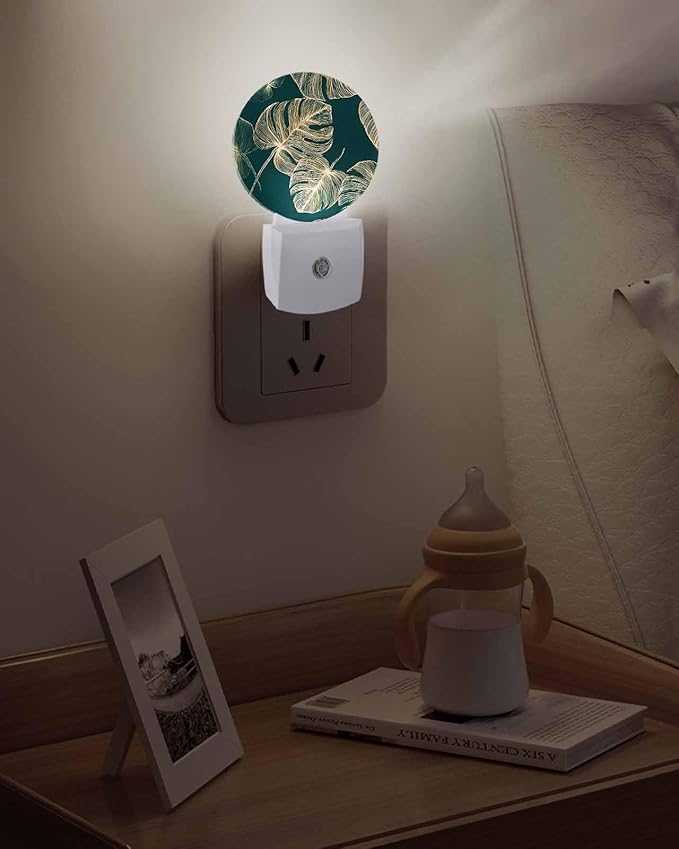 Night Lights Auto Sensor Golden Palm Leaves Night Light Summer Tropical Branches Round Lamp Plug-in LED Nightlights Dusk to Dawn for Living Room Bedroom Bathroom Hallway Wall Decor