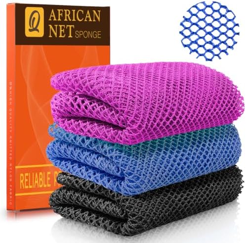 UJFQBH 3 Pieces African Net Sponge Authentic, Nylon Bath Scrubber Exfoliating Body Scrubber, Dries Quickly, and Gradually Transforms Rough Skin into Smooth Black, Blue, Purple by BuyNow