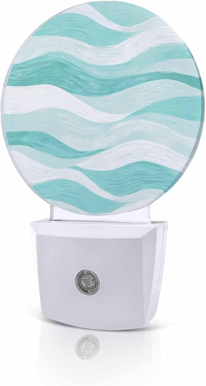 Night Lights Auto Sensor Turquoise Ocean Waves Night Light Abstract Mountain Stripes Round Lamp Plug-in LED Nightlights Dusk to Dawn for Living Room Bedroom Bathroom Hallway Wall Decor