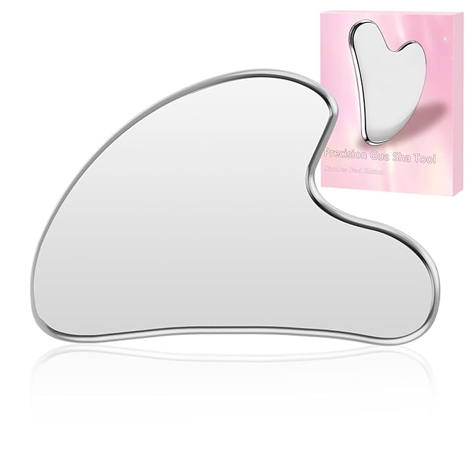 Stainless Steel Gua Sha Facial Tool – Metal Guasha for Face & Body, Jawline Sculpting, Double Chin Reducer, Puffiness Relief, Lymphatic Drainage Massager, Skincare Tool with Travel Pouch