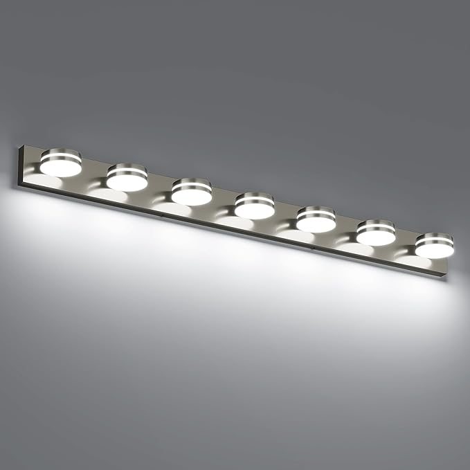 55.12inch Brushed Nickel Vanity Light Fixtures, 7 Light LED Bathroom Vanity Lights Over Mirror, Modern Dimmable Bathroom Wall Lighting for Mirror (Cool White 5500K)
