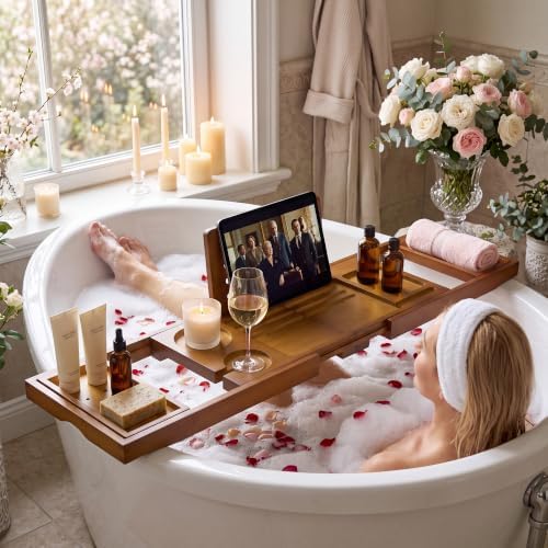 Bamboo Bathtub Tray - Luxury Bath Tray with Expandable Handles, Wine Glass and Phone Holders, Book Stand - Perfect for Home Spa Relaxation and Reading - Natural Bath Accessories - Brown Color - Image 7