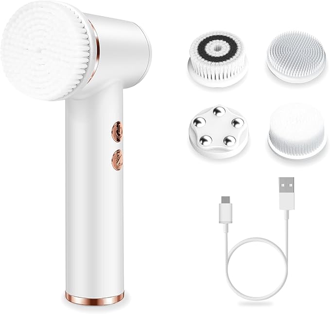 Electric Facial Cleansing Brush with 4 Brush Heads & 5 Speeds - IPX6 Waterproof, Type-C Fast Charging - for Deep Cleansing, Exfoliating, Pore Minimizing & Makeup Removal (White)