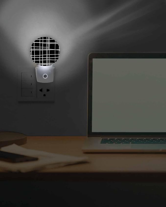 Night Lights Auto Sensor Black Checked Plaid Night Light Minimalist Grid Lines Round Lamp Plug-in LED Nightlights Dusk to Dawn for Living Room Bedroom Bathroom Hallway Wall Decor