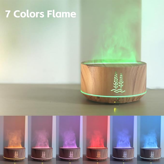 Ultrasonic Essential Oil Diffuser, 500ml Aroma Air Diffuser for Home Bedroom Large Room, 32H Cool Mist Oil Diffuser, 7 Colors Fire Night Light & Flame Wood Grain Aromatherapy Diffusers for Office