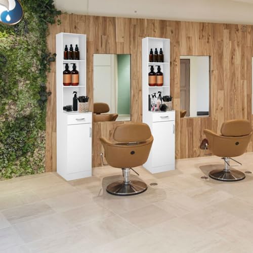 mefeir Salon Station, Barber Hair Stylist Storage Cabinet with Drawer, 5 Compartments & Shelf, Durable MDF, Organizer Equipment for Beauty Salon, Barbershop, White