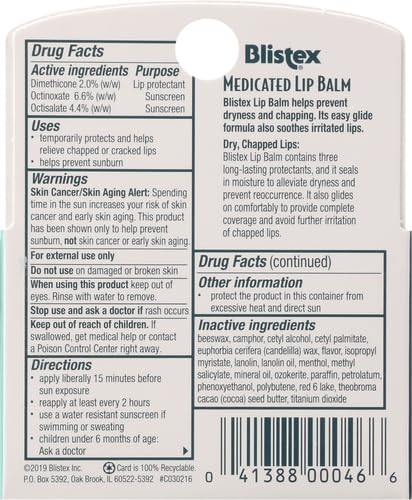Blistex Medicated Lip Balm, 0.15 Ounce, Prevent Dryness & Chapping, SPF 15 Sun Protection, Seals in Moisture, Hydrating Lip Balm, Easy Glide Formula for Full Coverage, 3 Count, (Pack of 2)