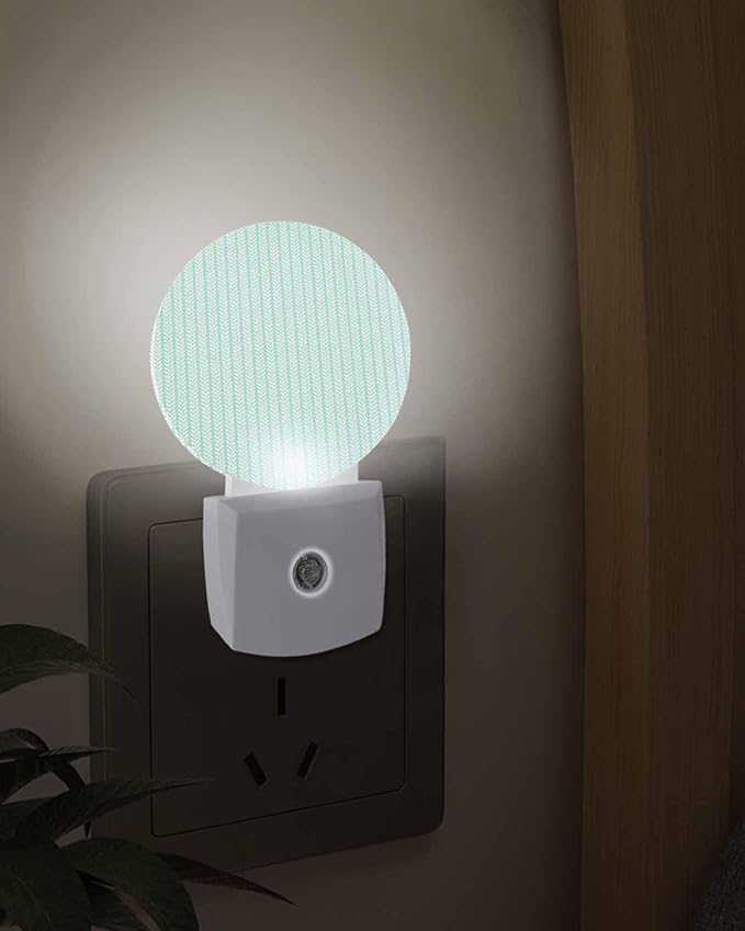Night Lights Auto Sensor Teal Green Pinstripes Night Light Woven Denim Striped Round Lamp Plug-in LED Nightlights Dusk to Dawn for Living Room Bedroom Bathroom Hallway Wall Decor