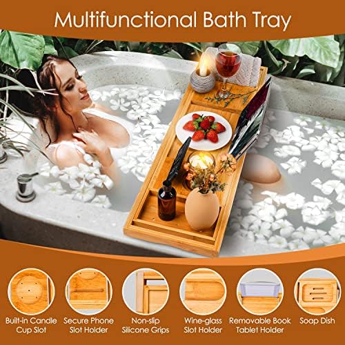 Foldable Bathtub Tray Caddy with Soap Dish Adjustable 29.5-43''Beige - Image 2