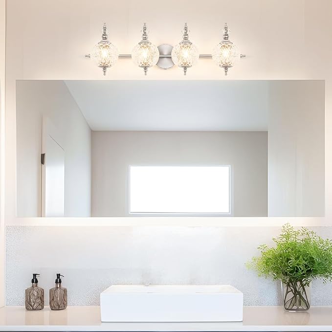 Brushed Nickel Bathroom Vanity Light Fixture Vintage Style - 4 Light G9 Bulb Compatible, 30" Wide Bathroom Lighting Over Mirror with Hand-Etched Glass Shades, Easy Mount for Makeup Area