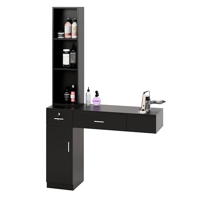 OmySalon Wall Mount Barber Stations, Salon Stations for Hair Stylist, Hair Styling Equipement Set with a Storage Cabinet, 2 Drawers and a 3 Tier Shelf (Black)