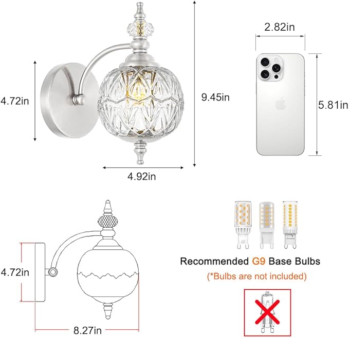 Brushed Nickel Bathroom Wall Sconce Vintage Style - G9 Bulb Compatible, Small Hardwired Bathroom Vanity Lighting with Hand-Etched Glass Shades, Easy Mounted for Bedroom Living Room Hallway