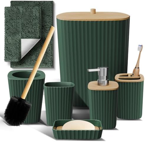Clara Clark Bathroom Set - Hunter Green Bathroom Accessories Set, 6PC Bathroom Accessory Set, Bathroom Sets with Bathroom Rugs, Toilet Brush, Trash Can & Soap Dispenser by ClaraClark