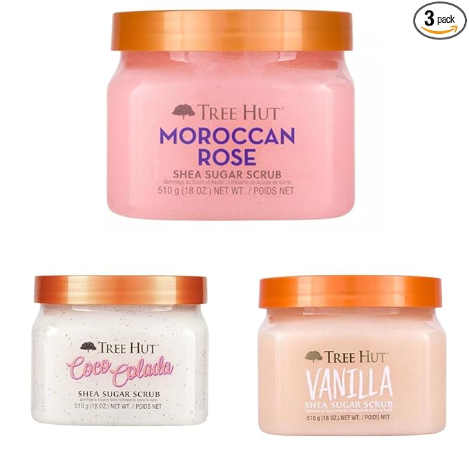 Tree Hut Exfoliating Sugar Body Scrub Trio, Moroccan Rose + Coco Colada + Vanilla, 3-Piece Body Scrub Care Set