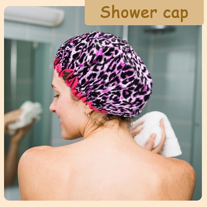 Womens Pink Leopard Print Shower Caps for Women Trendy Large Washable Lined Shower Cap for Braids Ladies Leopard Print Bathing Cap for Long Short Hair Plastic Bath Caps for Women Reusable Waterproof