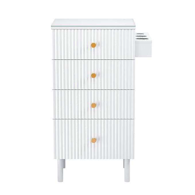 OmySalon Salon Station, Barber Station for Stylist, Hair Storage Cabinet with Glass Top & 4 Drawers & 3 Heat Resistant Tool Holders, For Beauty Spa, Salon, White