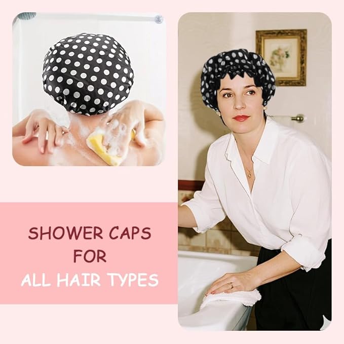 Polka Dot Shower Caps for Women Reusable Waterproof Satin Lined Bathing Caps for Braids Long Short Hair Cap for Shower Bath Large Polka Dots Foldable Travel Showering Cap for Women Men Vintage Fashion