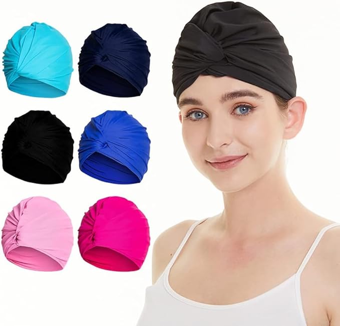 Pleated Fabric Swimming Cap Women Ladies Long Hair Swim Cap Ear Protecting Bathing Cap Elastic Polyester Turban Swim Hat Shower Cap for Beach Spa Non Waterproof, Twisted Beanie Cap Sleep Hat