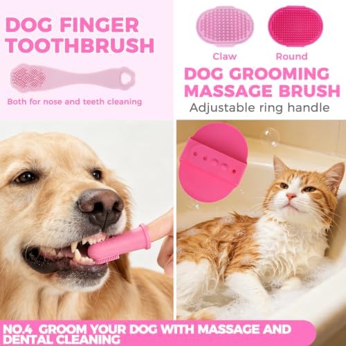 PAWCHIE Bath Grooming Kit for Pets, 9 PCS Hair Brush Set with Towel,Washing Gloves,Bath Brush and Adjustable Handle Shampoo Brush & Scrubber for Short Long Haired Dogs and Cats,Dog Bath Supplies, Pink - Image 5