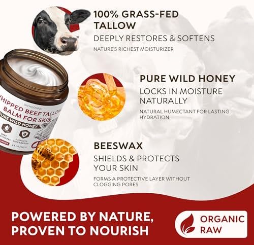 RICHGRAND Beef Tallow for Skin 2 Pack - Whipped Tallow and Honey Balm - Grass Fed Beef Tallow for Face, Daily Moisturizer & Body Butter - Natural Non Comedogenic Skincare (8.6 oz) - Image 2