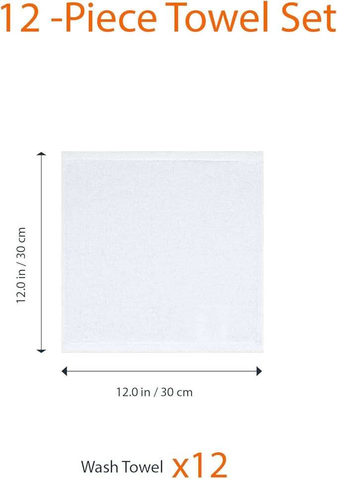 Amazon Basics Cotton Washcloths, Lightweight Quick-Dry, Absorbent Face and Body Towel Set, 12" x 12", White, 12-Pack