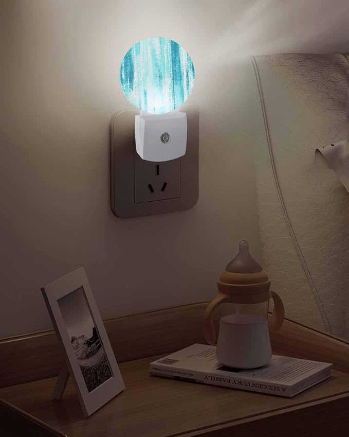 Night Lights Auto Sensor Teal Abstract Graffiti Night Light Art Painting Round Lamp Plug-in LED Nightlights Dusk to Dawn for Living Room Bedroom Bathroom Hallway Wall Decor