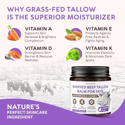 RICHGRAND Beef Tallow for Skin - Whipped Tallow and Honey Balm - Grass Fed Beef Tallow for Face, Daily Moisturizer & Body Butter - Natural Non Comedogenic Skincare - Image 4