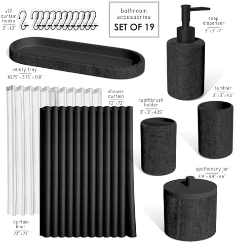 Clara Clark Bathroom Set - Black Bathroom Accessories Set, 19PC Bathroom Accessory Set, Bathroom Sets with Shower Curtain Set, Soap Dispenser & Toothbrush Holder - Image 2