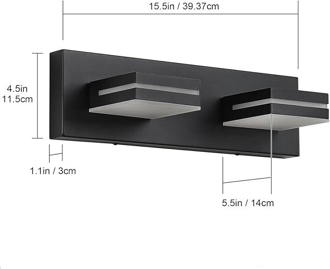 SineRise LED Modern Bathroom Vanity Light Fixtures (2-Light, 15.5-Inch), Matte Black Modern Acrylic Bathroom Wall Lighting Fixtures Over Mirror (Cool White 6000K)